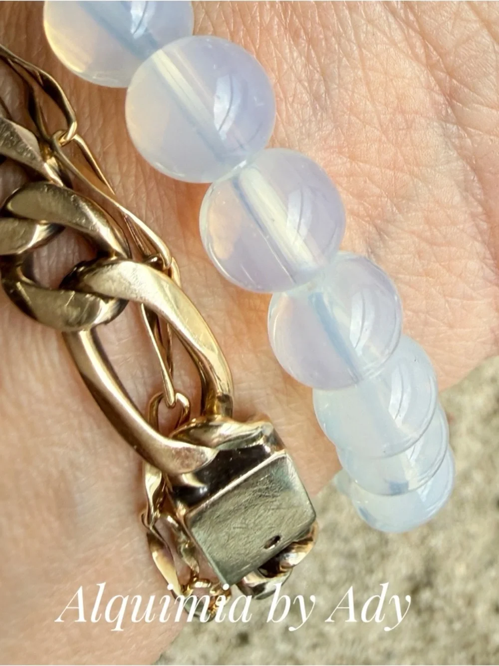 MOONSTONE Translucent White Bead Bracelet with Shell Charm and Blue Suede Tie
